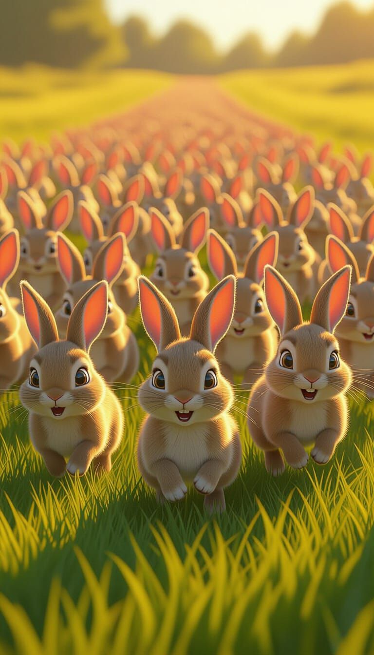 Cute Rabbit Army Charges Field in Cartoon-Realism Style