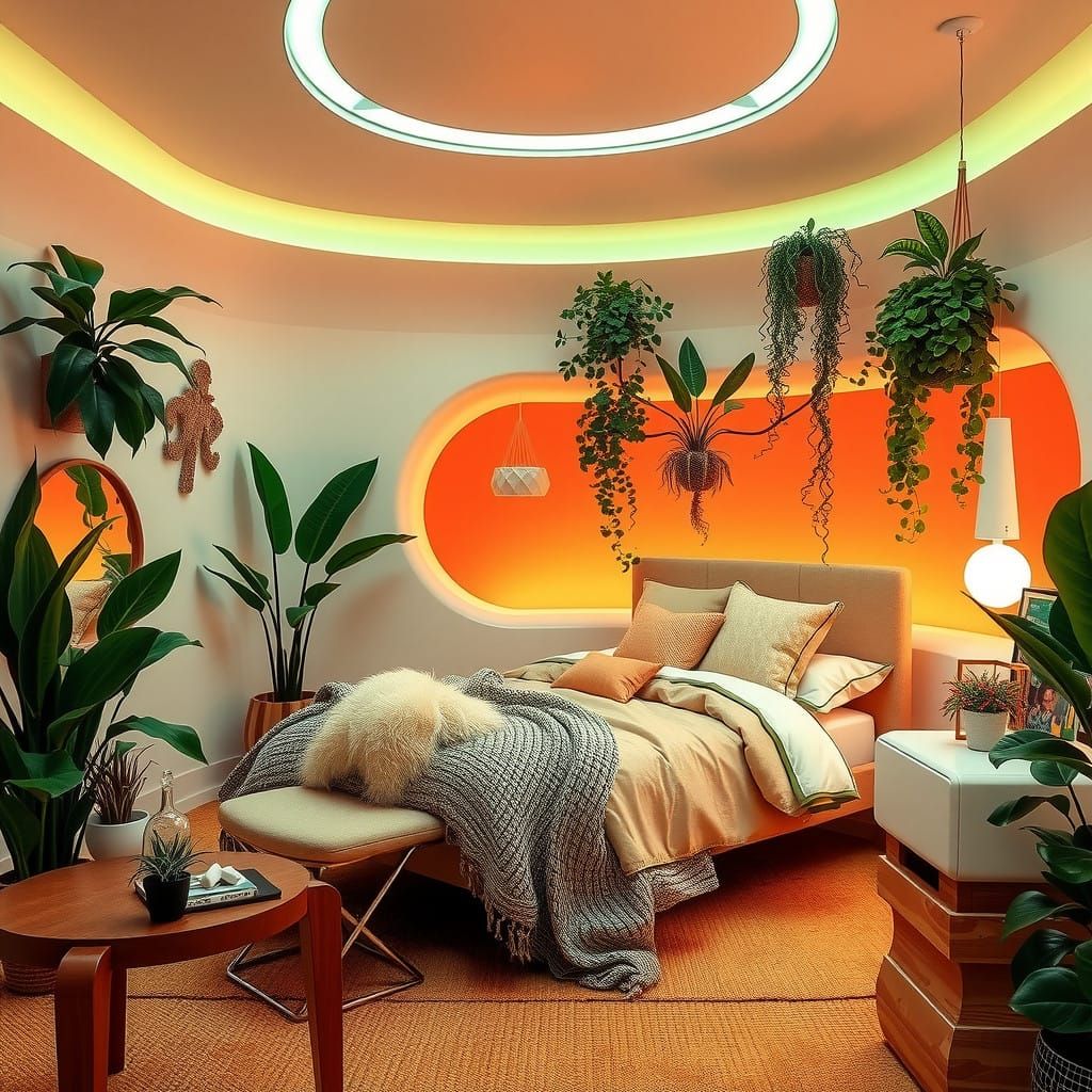 2000s futuristic bedroom, green plants orange, cozy