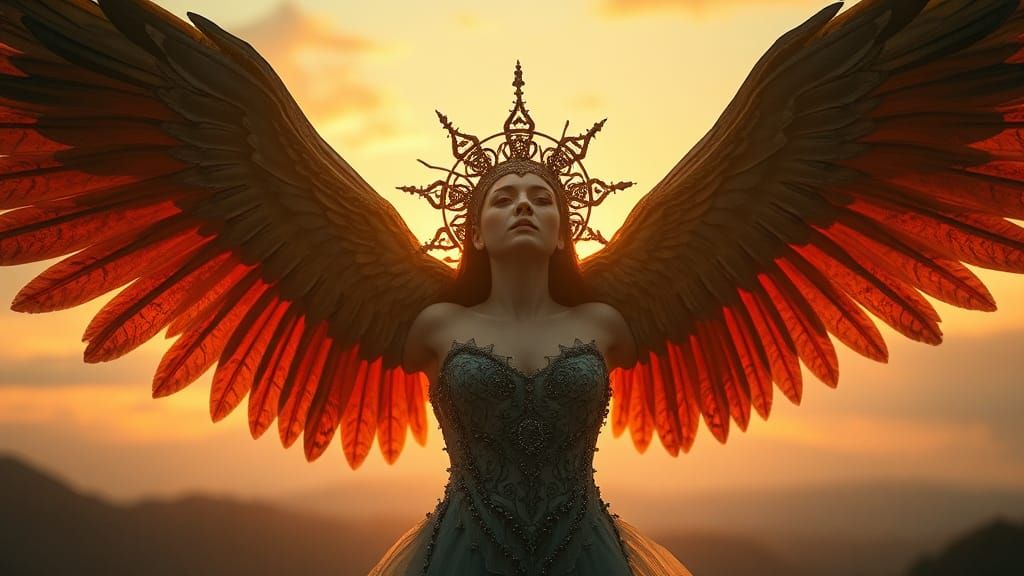 Surreal Sunset Face with Wings in Digital Art Style