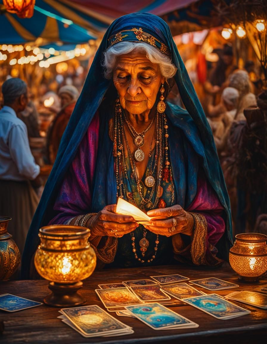Gypsy Tarot Reader at Carnival, Impressionistic Oil Painting