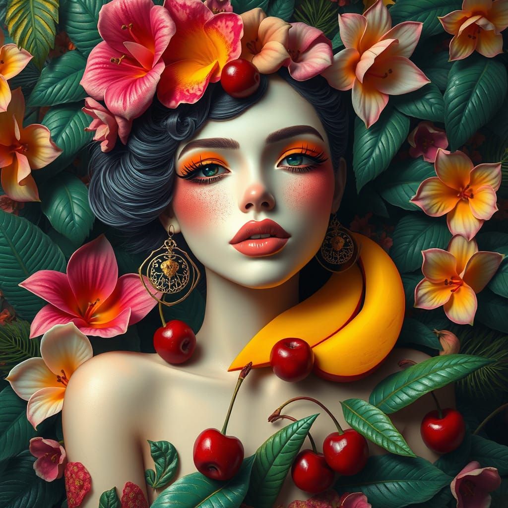 Futuristic Lady Made of Creamy Cheesecake and Tropical Fruit...