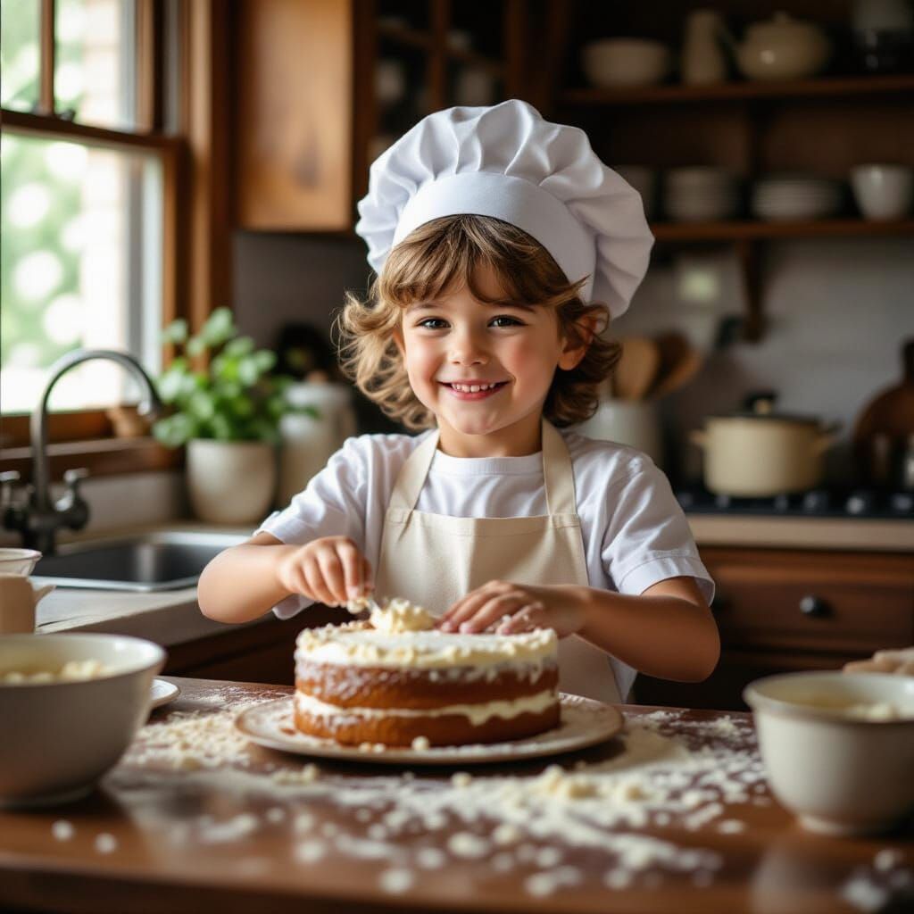 Kid Baking Cake with Joyful Smile - Cinematic Film Still
