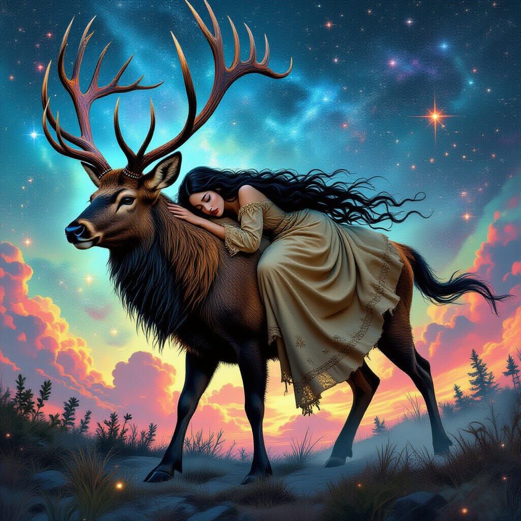Stag Carrying Woman Through Cosmic Dreamscape
