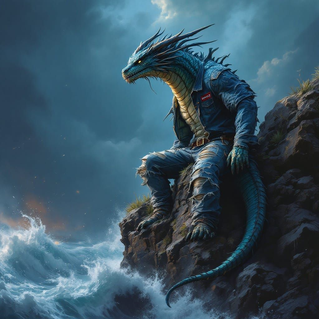 Surreal Leviathan Dragon Wears Tattered Levi Jeans on Stormy...