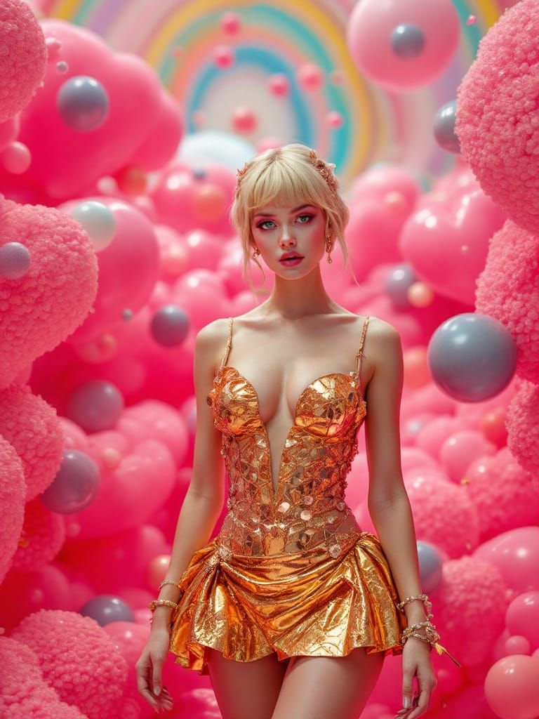 Gold Sundress Amidst Vibrant, Glossy Candy Clouds