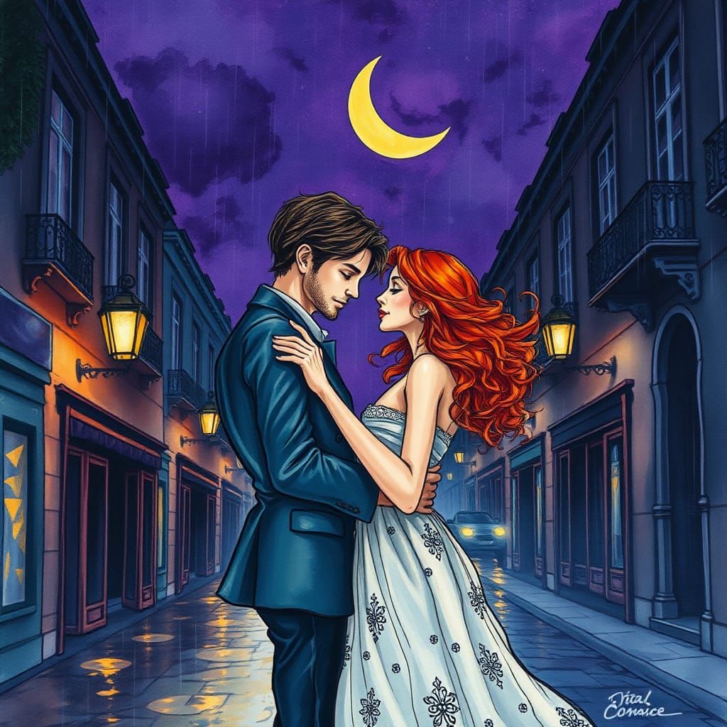 Romantic Couple Dancing in Rainy Night, Expressive Impasto P...