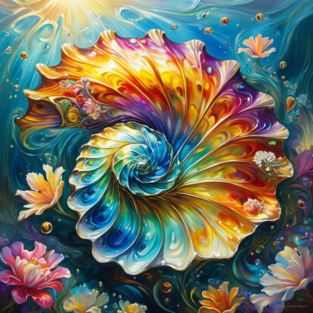 Underwater Shell Surrounded by Fractal Flowers