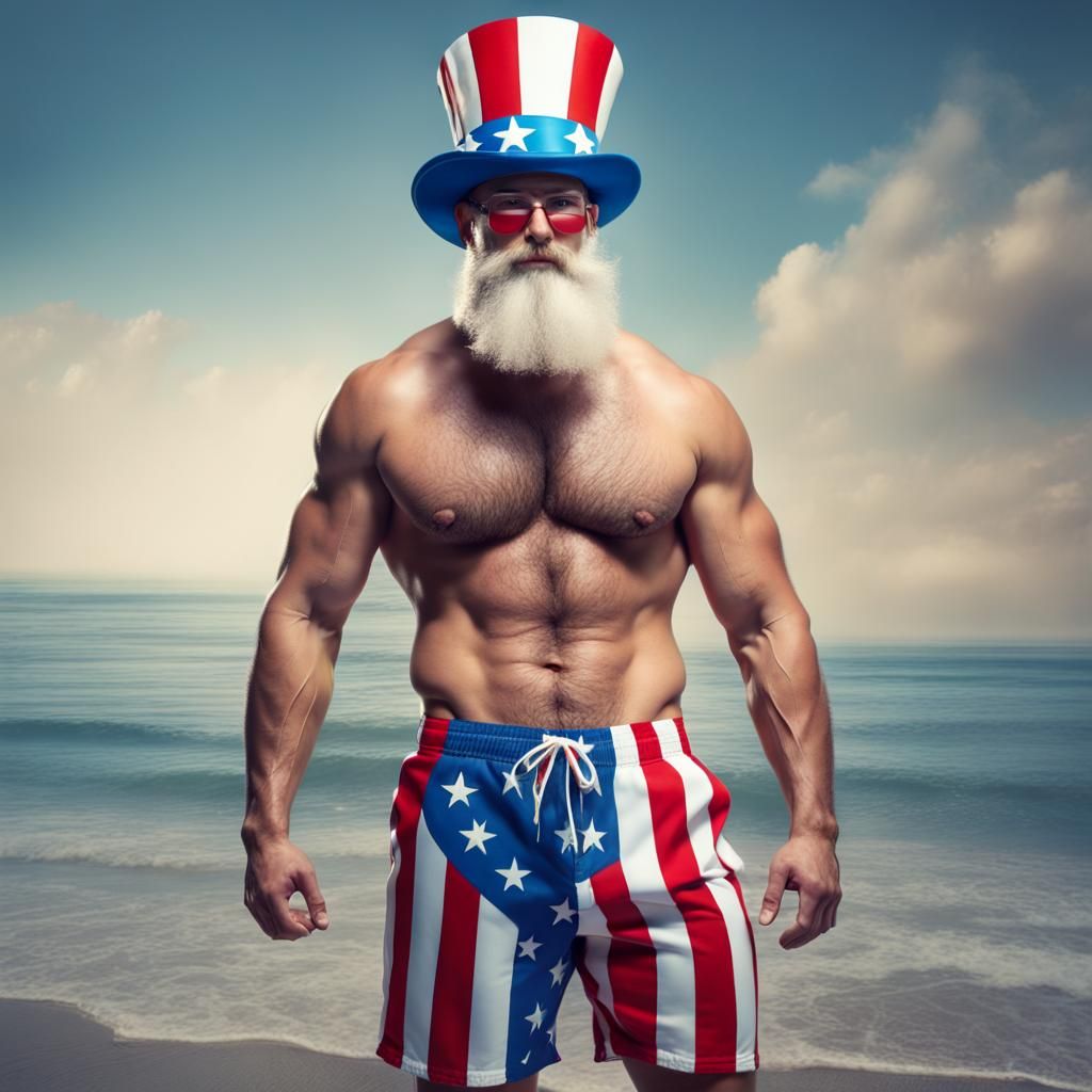 Muscular Man in Uncle Sam Outfit with Flag Trunks