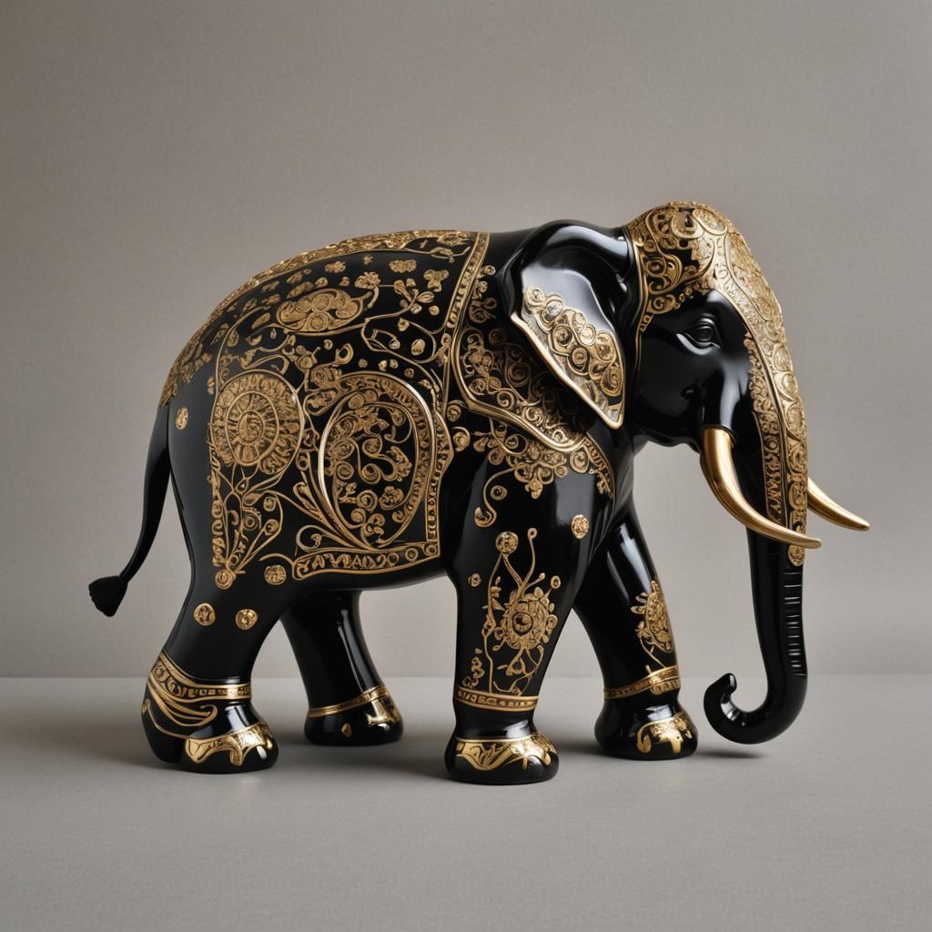 Ceramic Black Elephant with Gold Inlay Detailing