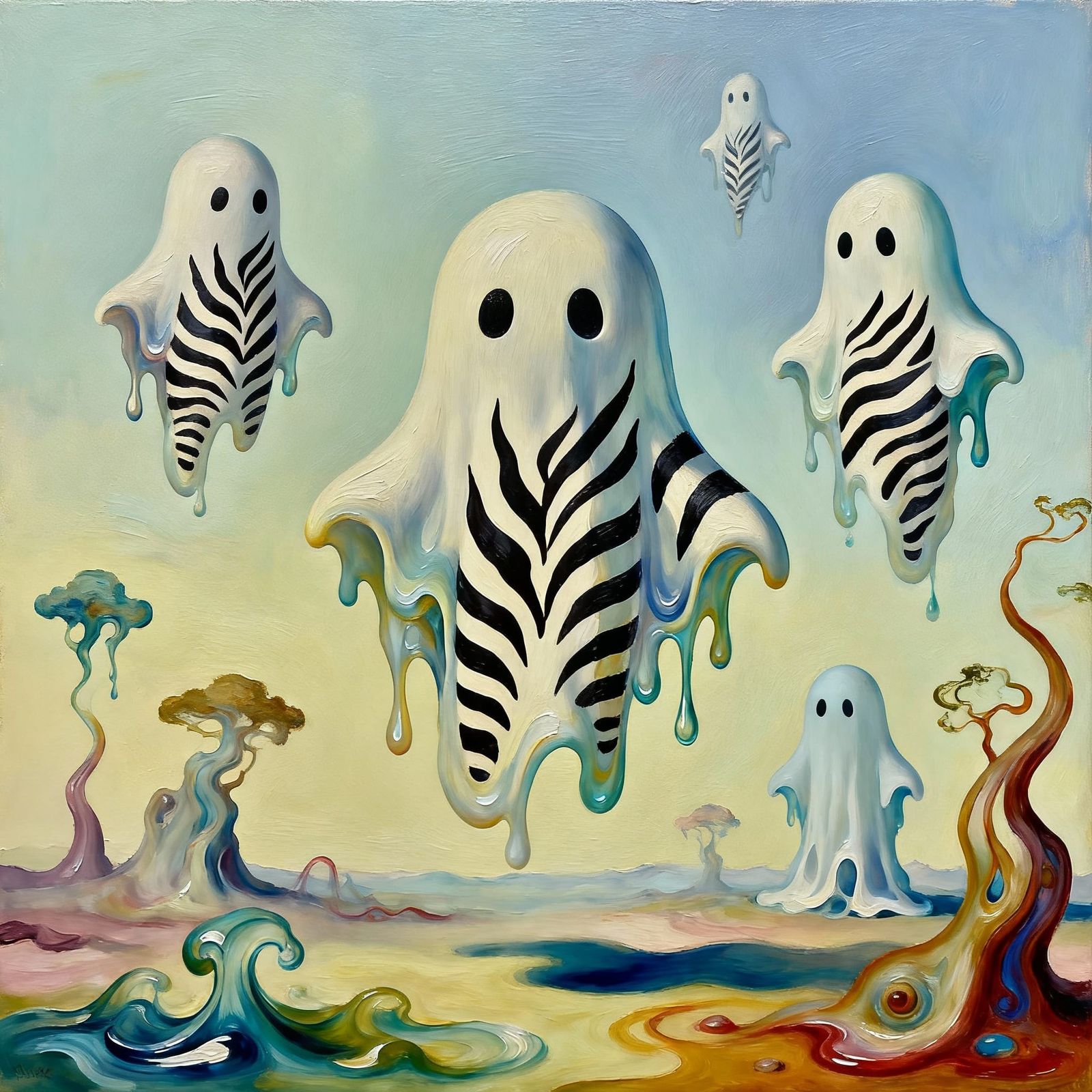 Surreal Zebra Ghosts Melting in Oil Painting Style