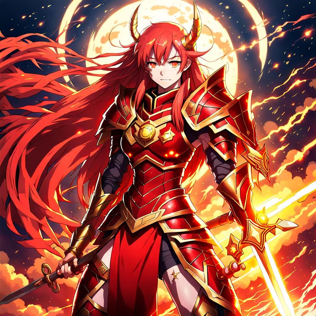 Anime Warrior Woman in Dragon Armor with Lightning