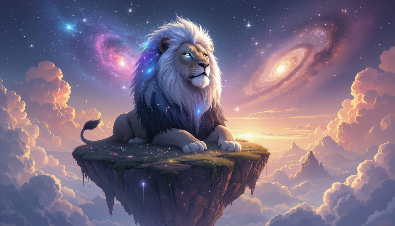 Stardust Lion on Floating Island: Surreal Digital Art