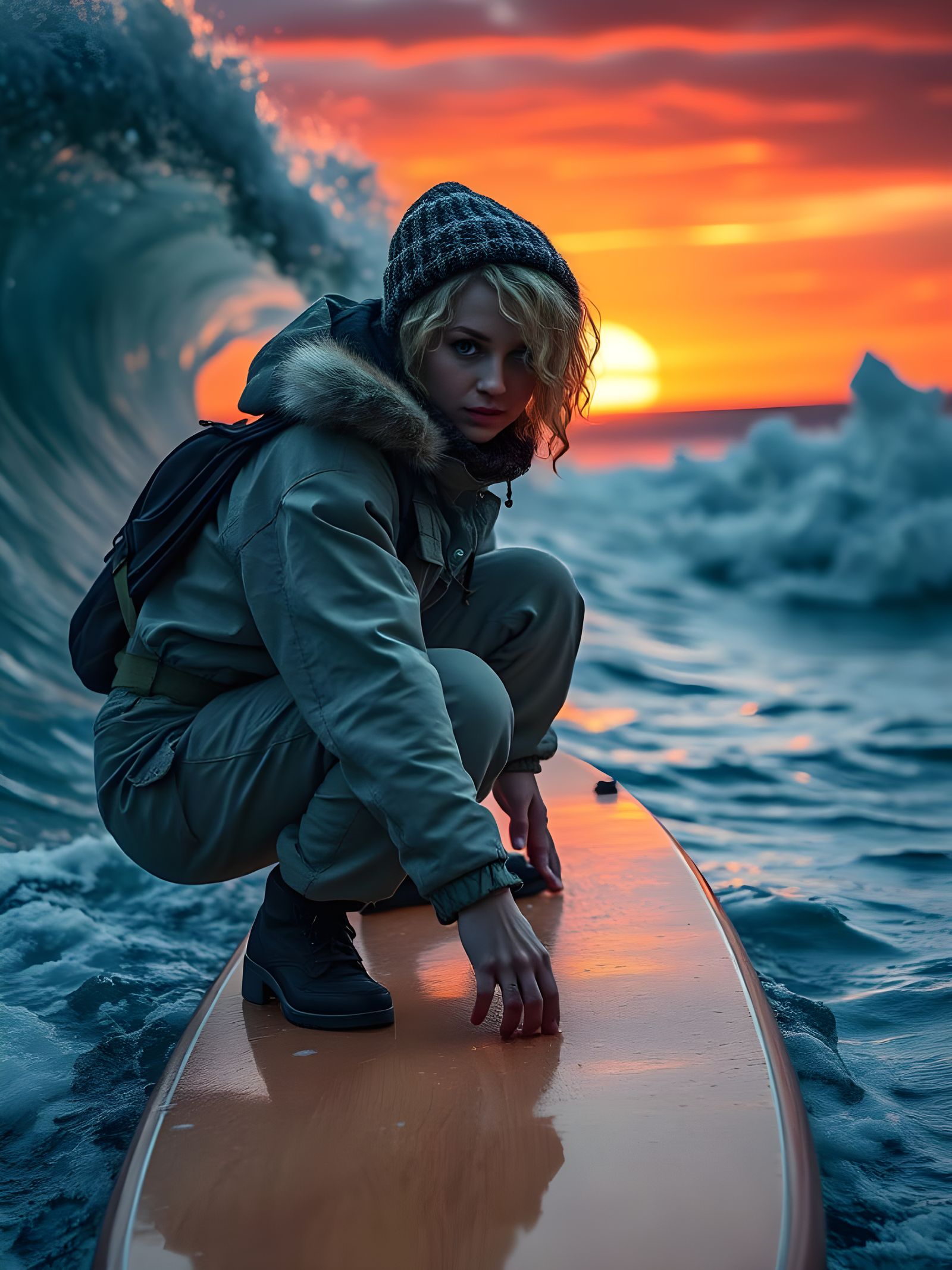 Surfer Rides Huge Wave at Sunset