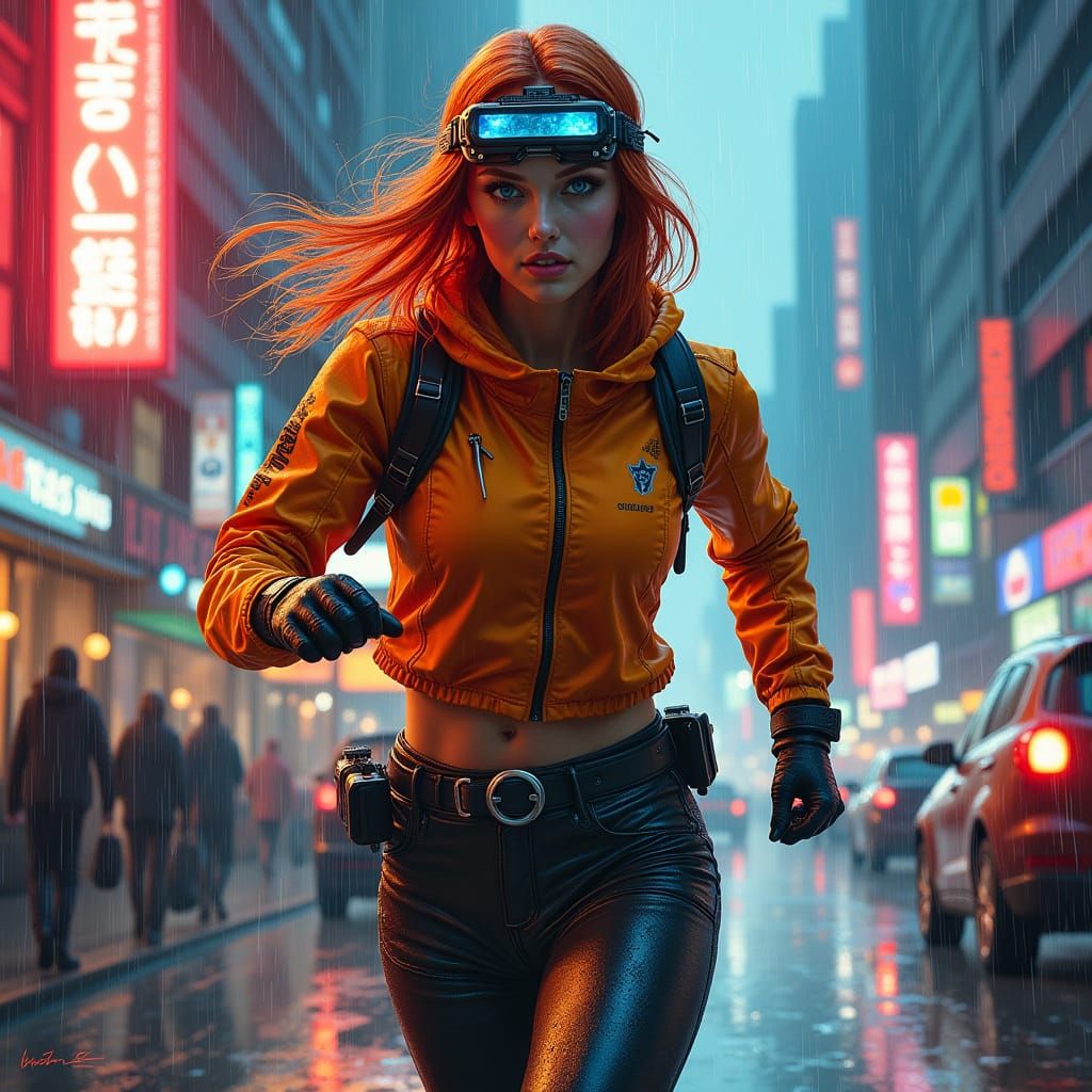 Cyberpunk Norwegian Woman in Neon City, Rockwell Style