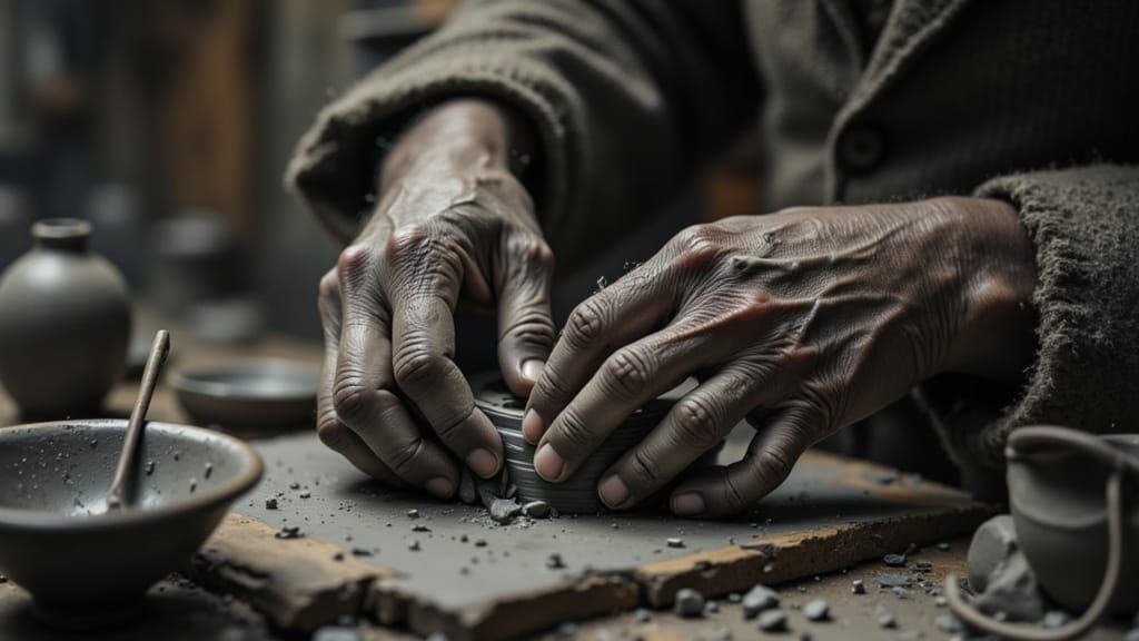 Elderly Artisan's Hands Crafting Clay in Grayscale