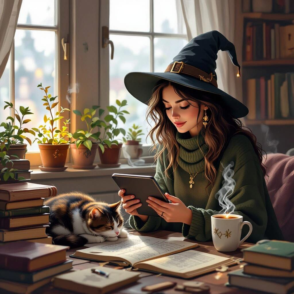 Modern Witch Researches Spells on Tablet in Cozy Apartment