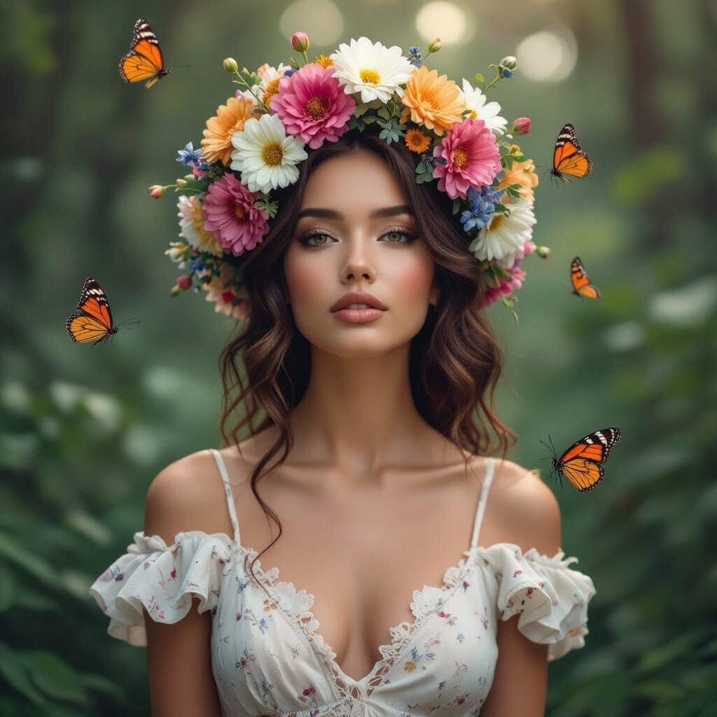 Surreal Woman with Blossoms, Mushrooms and Butterflies