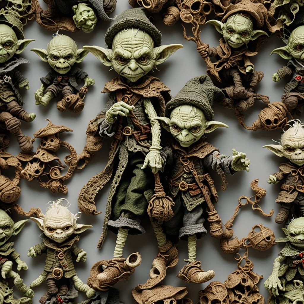 Goblins Crocheting Figurines in Arthur Rackham Style