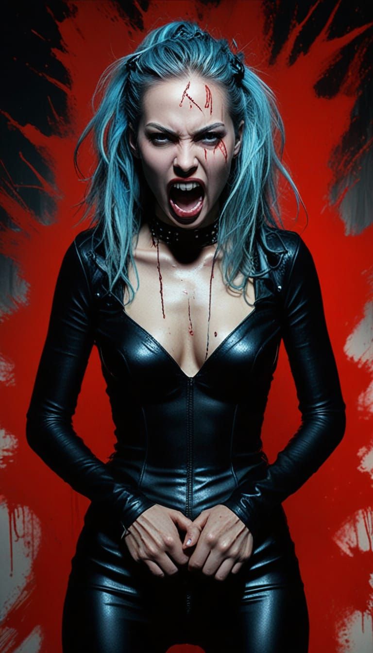 Screaming Woman with Guitar in Glitch Art Style