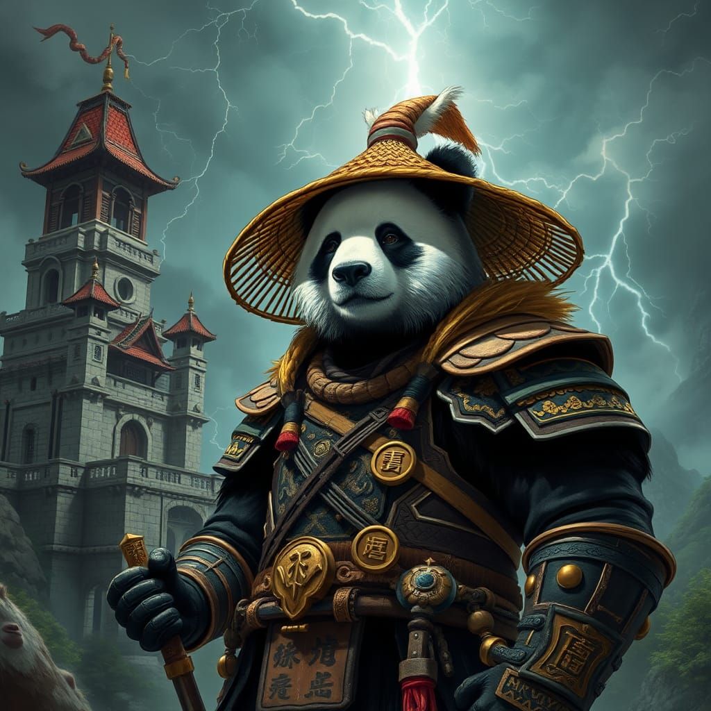 Panda Wizard Warrior with Samurai Armor and Castle