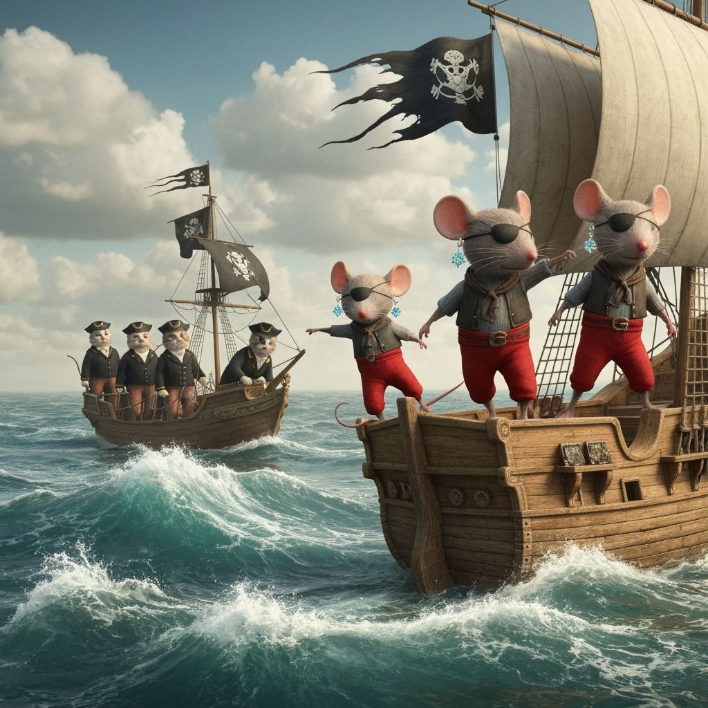 Mice Pirates Chase Cat Sailors in Whimsical Style