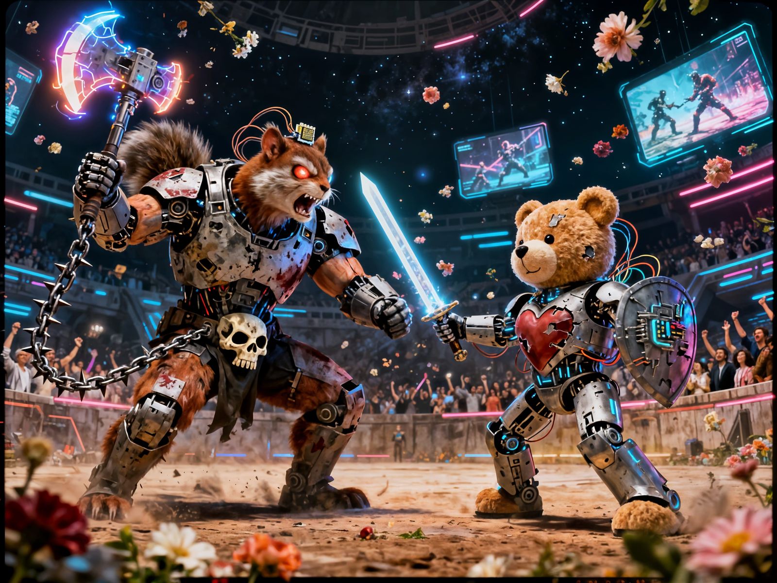 Cyborg Squirrel Warrior Battles Teddy Bear Knight