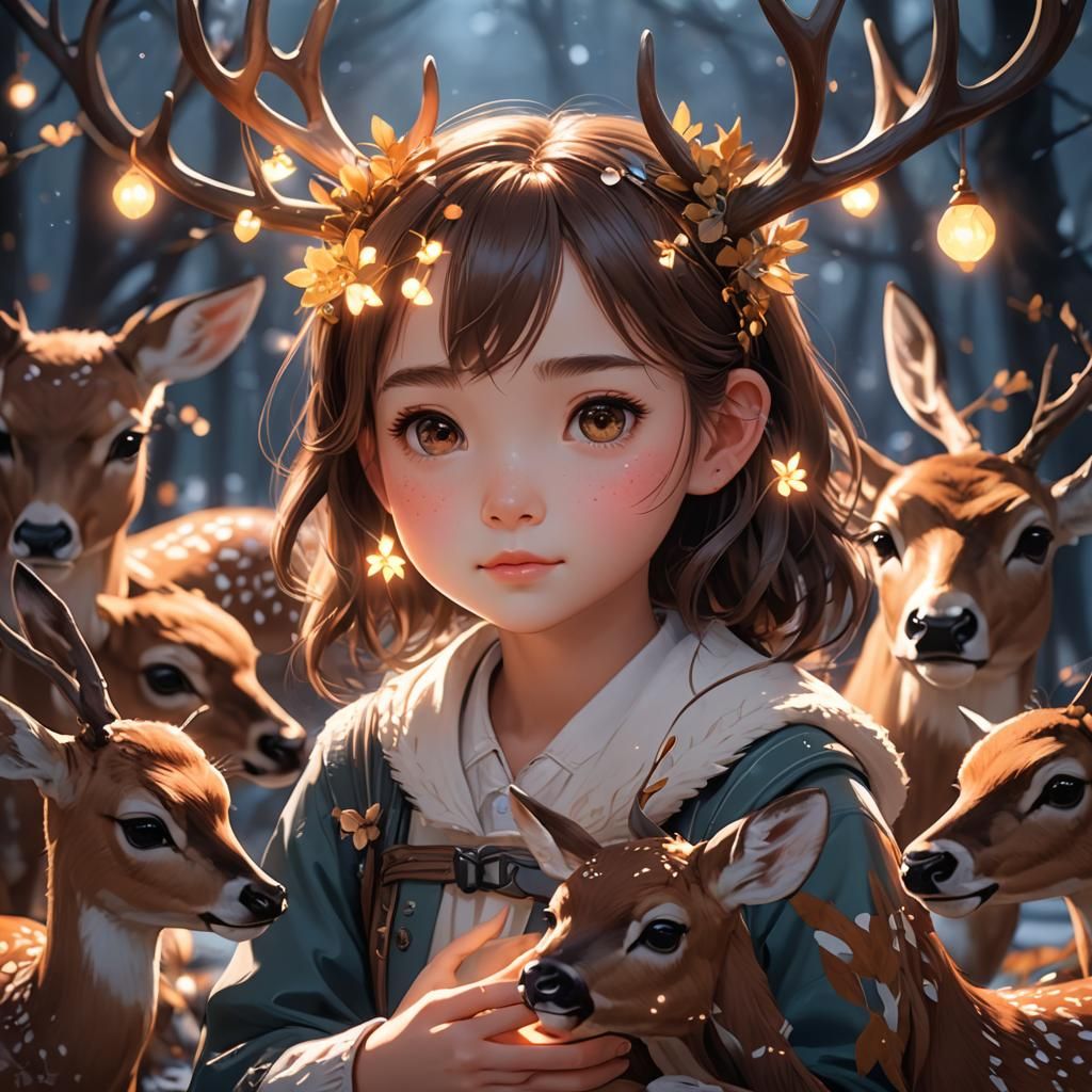 Anime Style Girl with Glowing Deer
