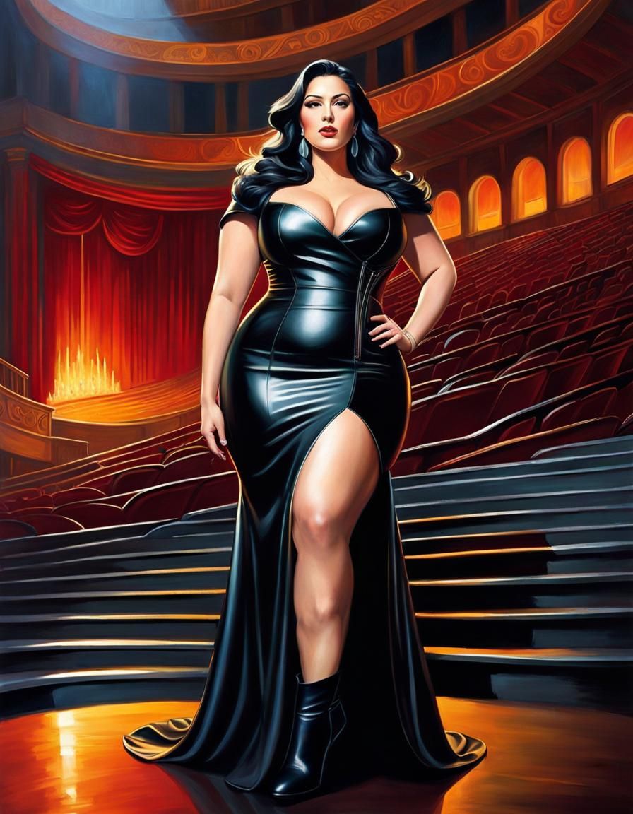 Curvy Woman in Leather Dress, Opera House, Realism