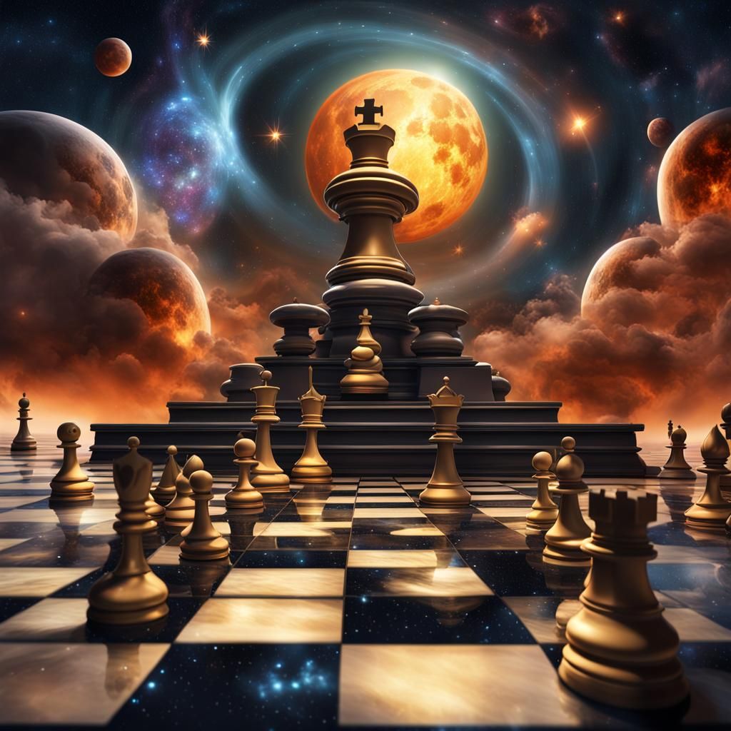 Cosmic Chessboard with Celestial Pieces in Space