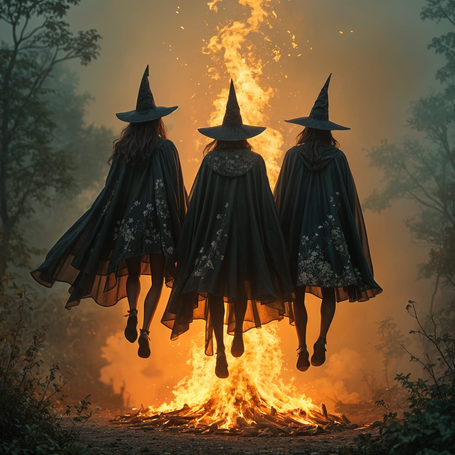 Three Mystical Red-Haired Witches Soar Around a Blazing Bonf...