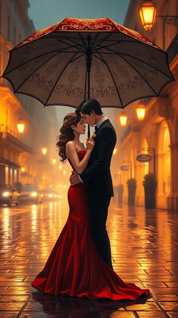 Elegant Nighttime Couple Under Rainy Urban Skyline in Cel-Sh...