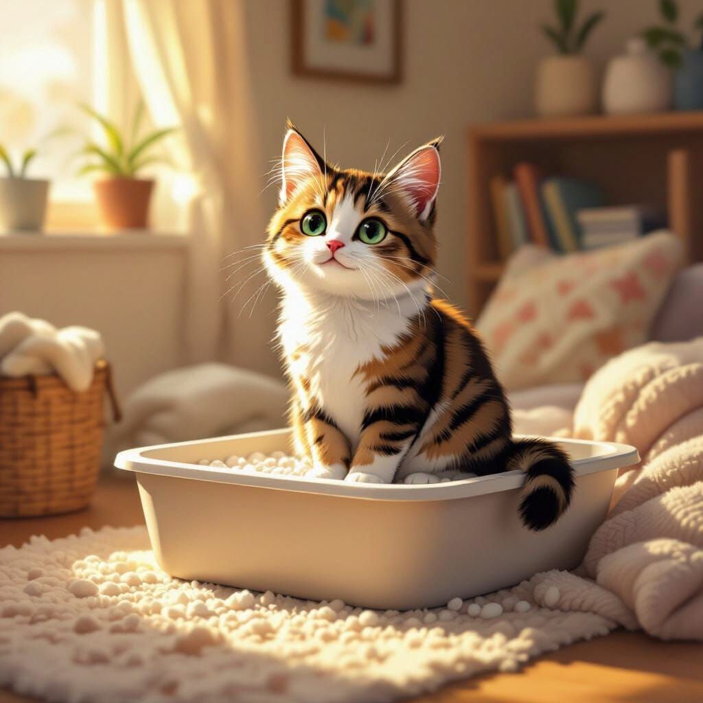Adorable Cat on Litter Box in Dreamy Style
