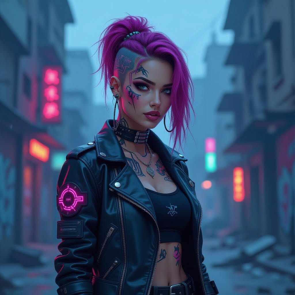 Cyberpunk Woman Portrait with Neon Hair in Digital Art Style