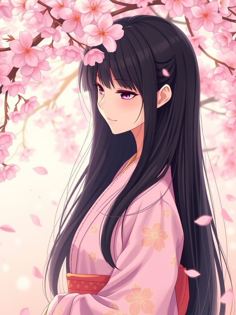 Ethereal Cherry Blossom Maiden in Traditional Attire