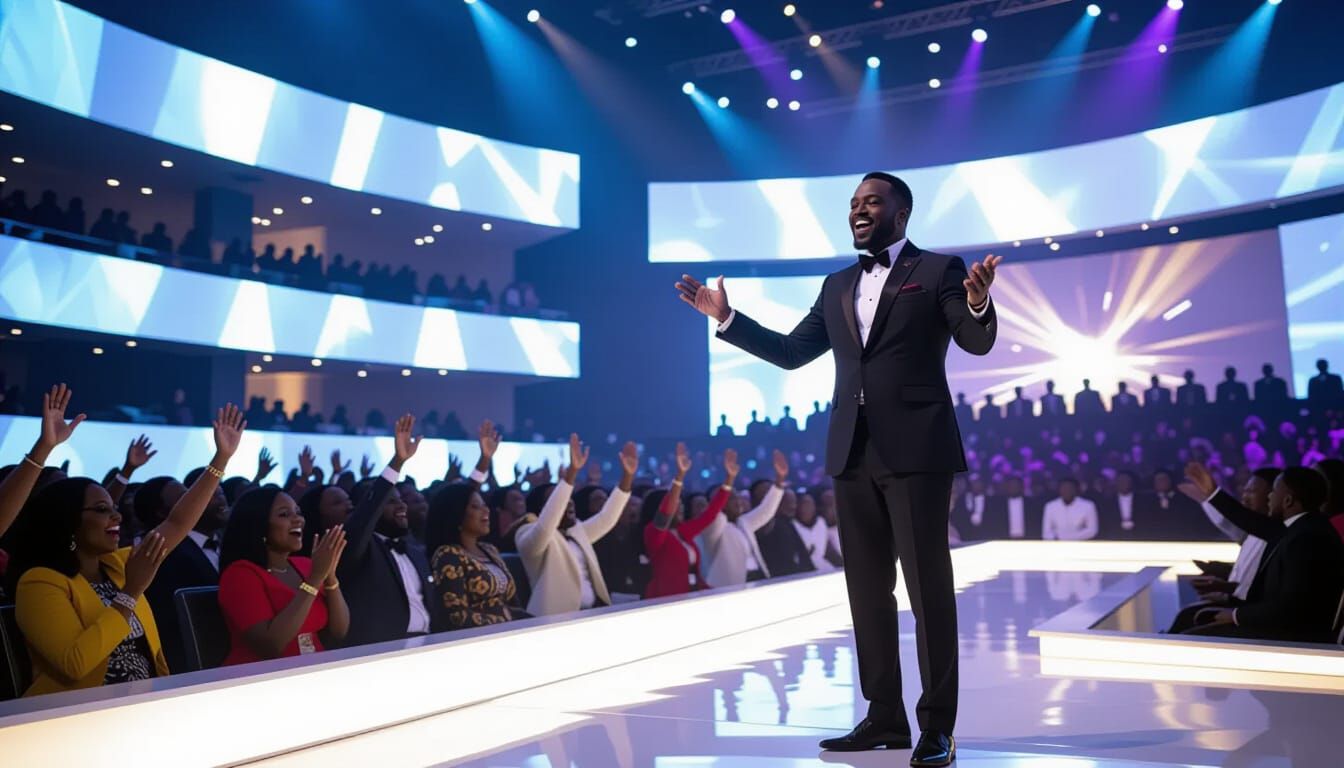 Modern African Megachurch Event with Pastor and Awestruck Cr...