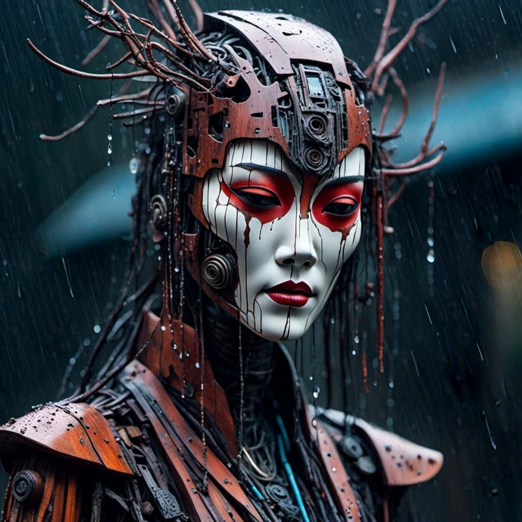 Cyborg Android in Rain with Wood Mask