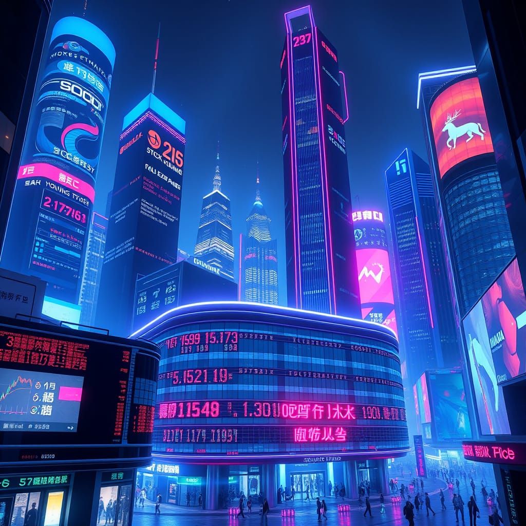 Futuristic Shanghai Stock Exchange in Neon-Lit Financial Dis...