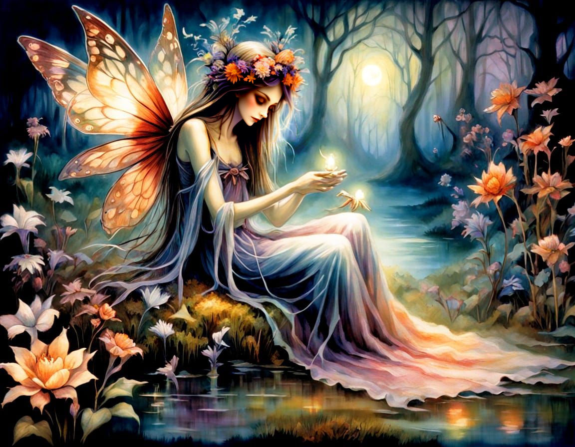 Fairy Witch in Bioluminescent Garden, Expressionist Art