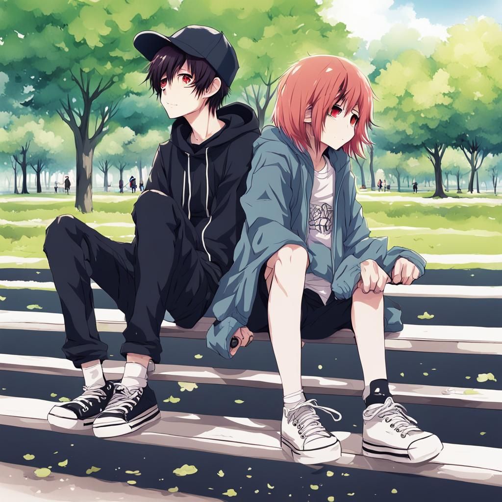 Anime Style: Emo Skater Couple in Park