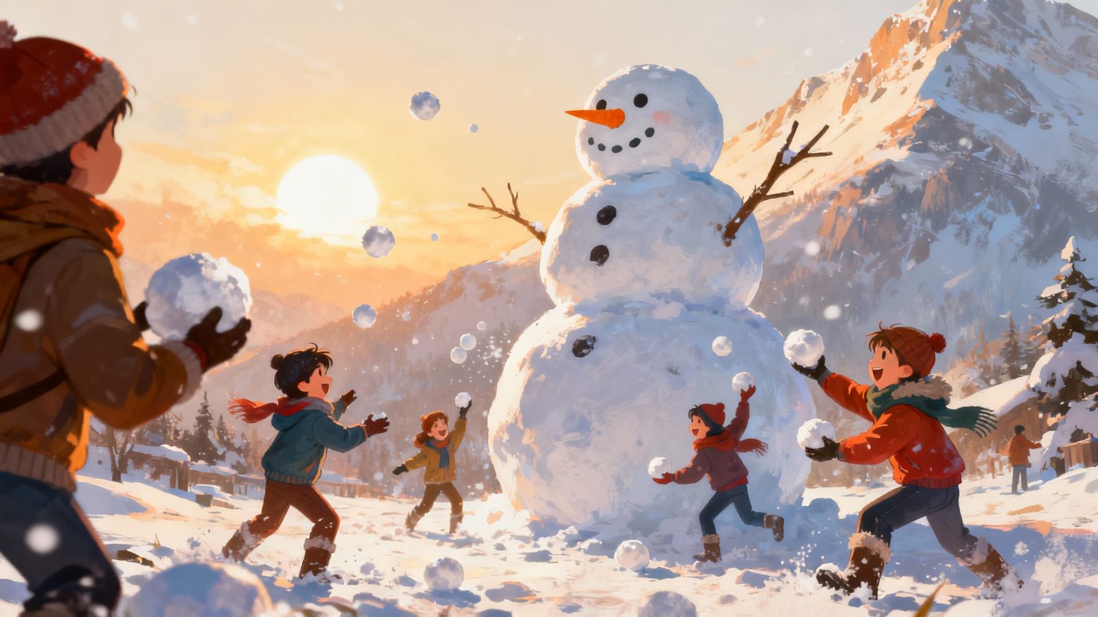 Joyful Children Play with Giant Snowman in Sunny Mountain Sc...