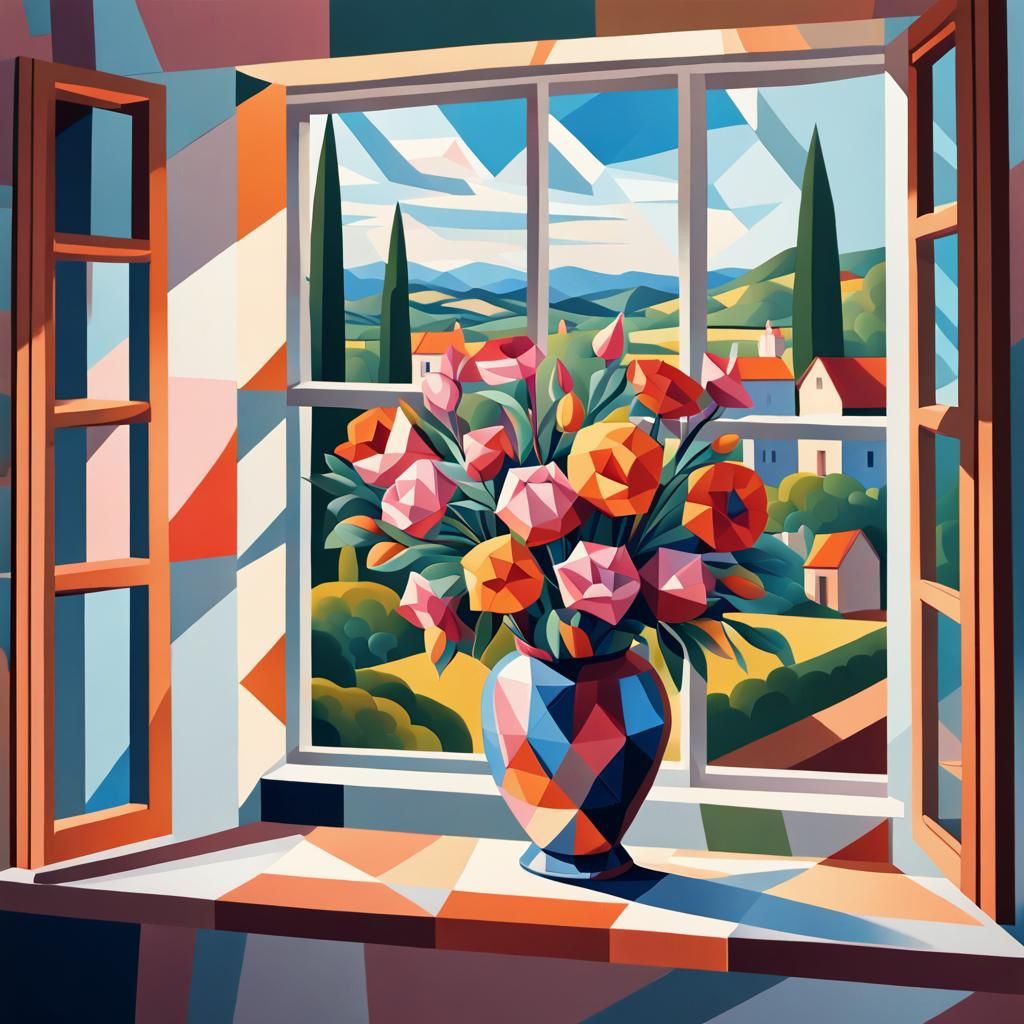 Vase of Flowers in Rural French Village, Geometric Fauvism