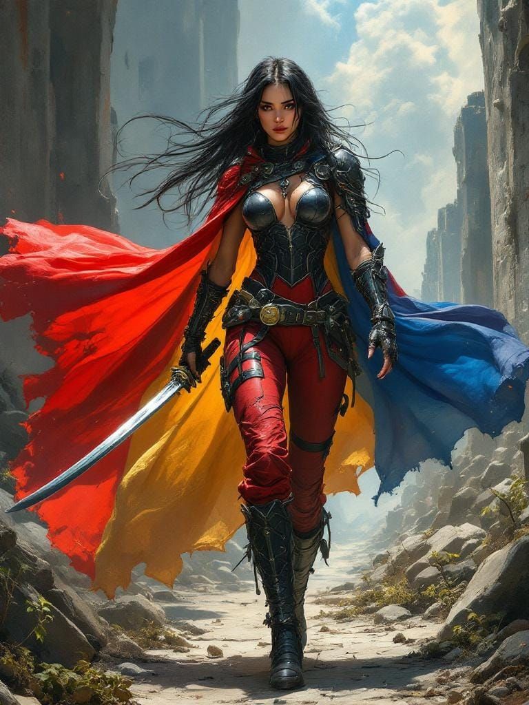 Post-Apocalyptic Looter with Katanas in Oil Painting Style