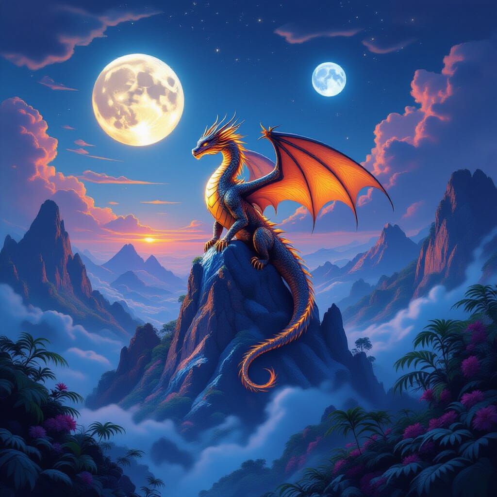 Fire Dragon on Crystal Peak Above Alien Jungle