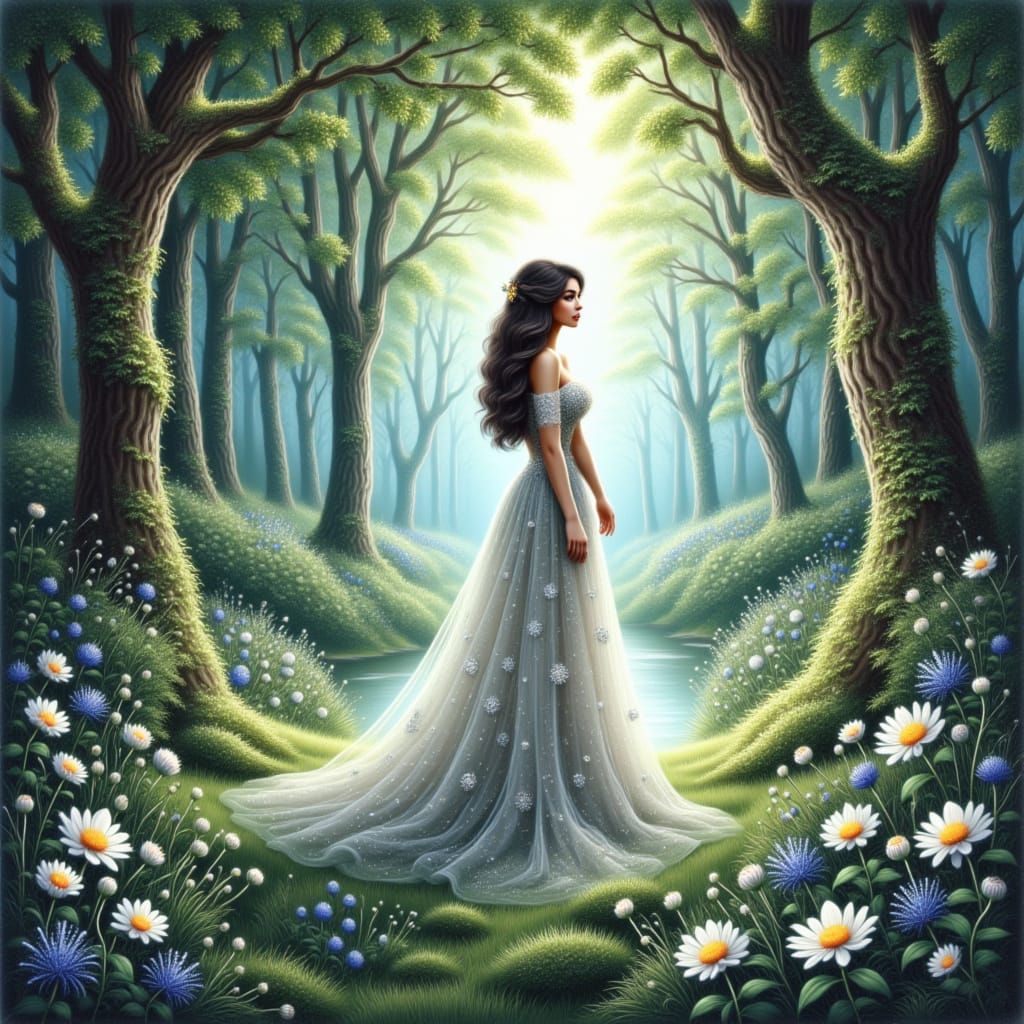 Ethereal Girl in Enchanted Forest Concept Art