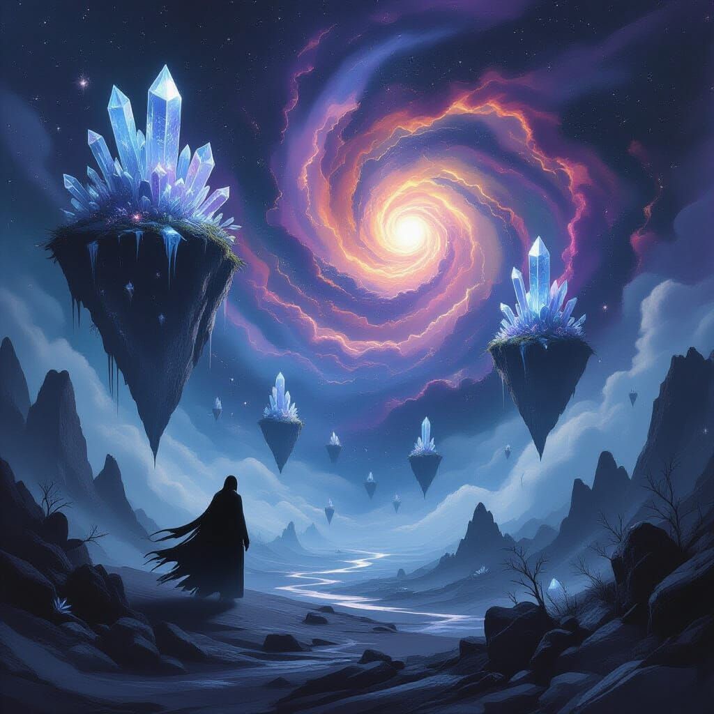 Surreal Cosmic Landscape with Floating Islands and Shadowy E...