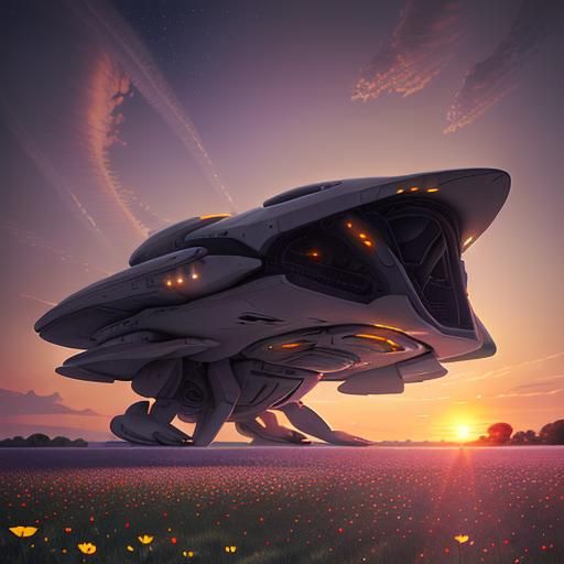 Surreal Sunset Landscape with Alien and Spaceship