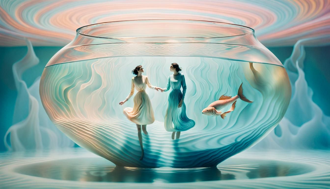 Dreamlike Figures in Fishbowl: A Surrealist Vision
