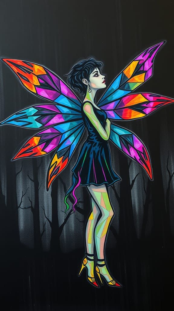 Cubist goth fairy woman with geometry wings on her back, black on black, blue and purple and red highlights trees, Kids...