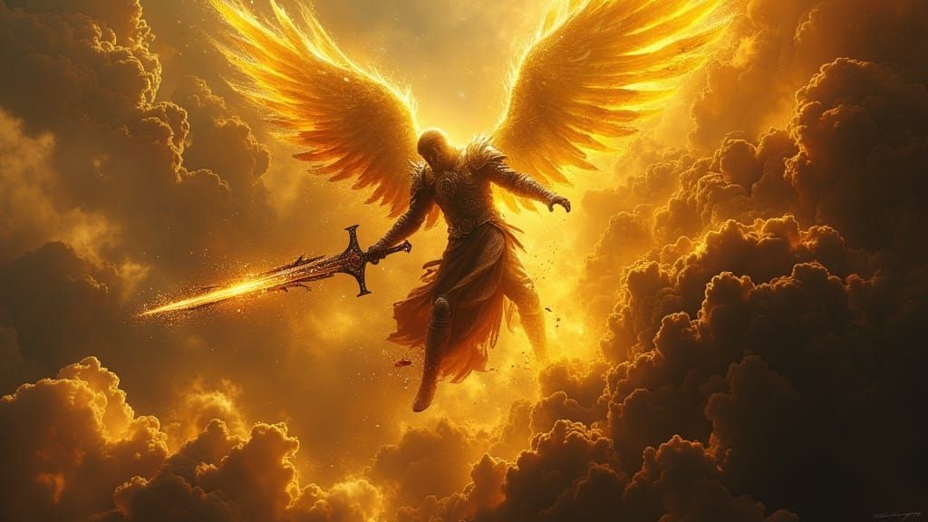 Angelic Warrior Battles Demon in Space, Dark Oil Painting St...