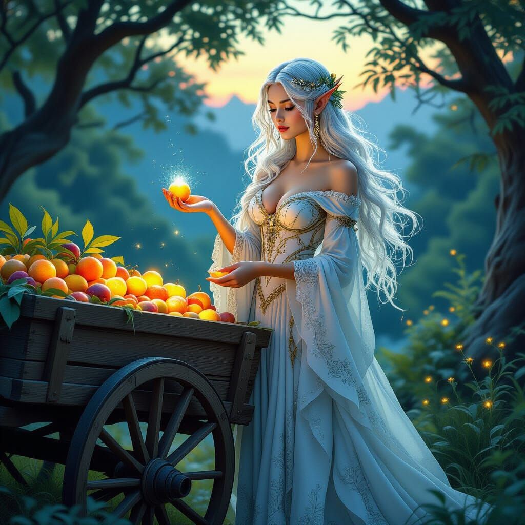 Elven Woman with Celestial Fruit, Dark Fantasy Art